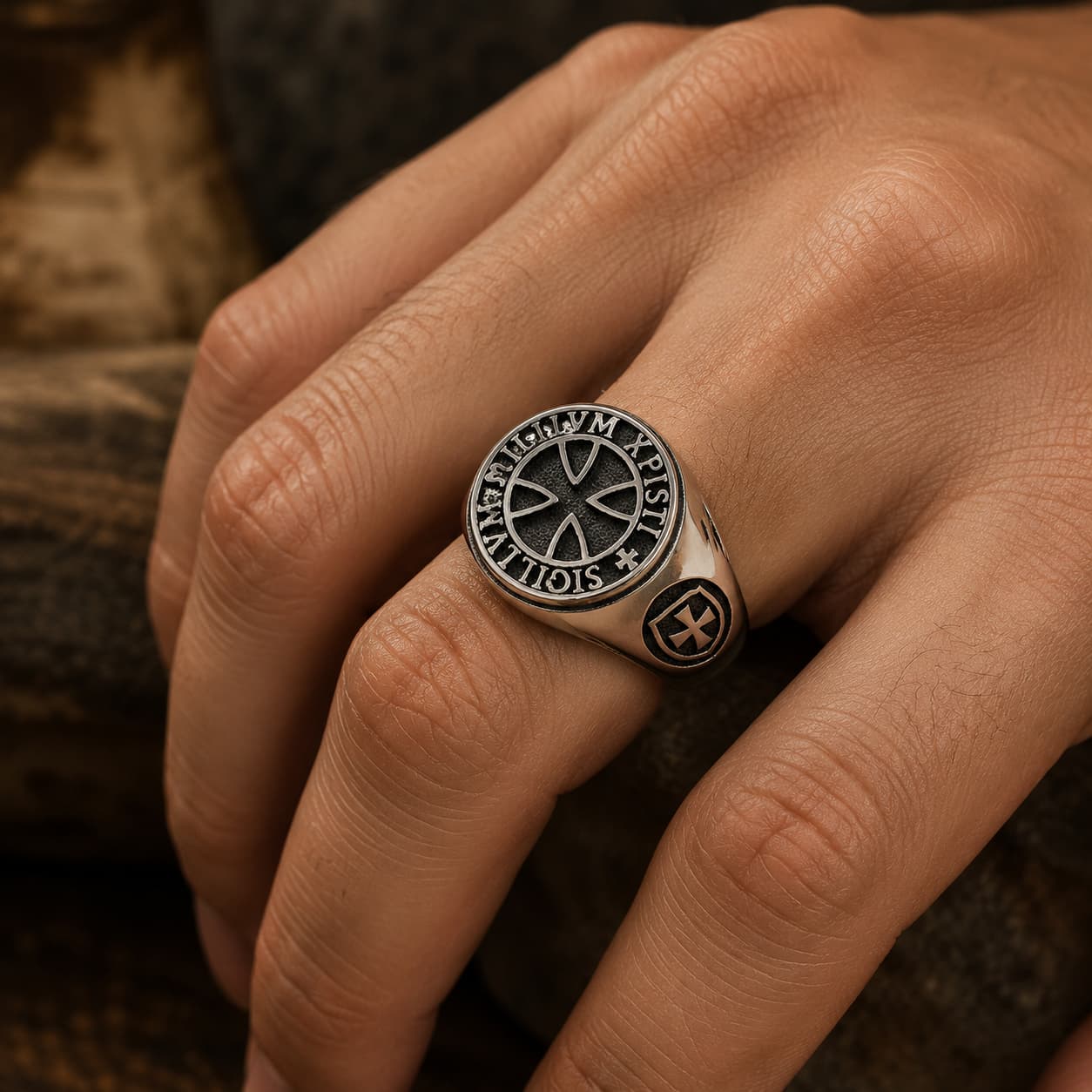 Bague Sigillum Militum Xpisti en acier inoxydable portée à la main par un homme