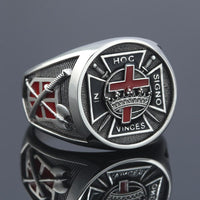 Bague de la Victoire Templière en Argent 925 Sterling avec croix rouge, couronne et devise latine