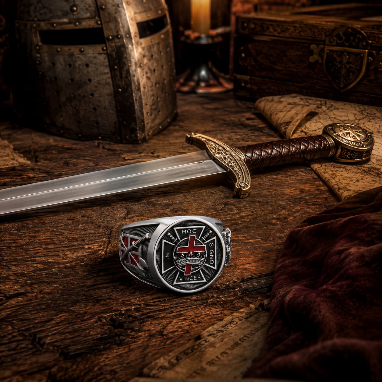 Bague de la Victoire Templière en Argent 925 Sterling dans un décor médiéval avec épée et casque
