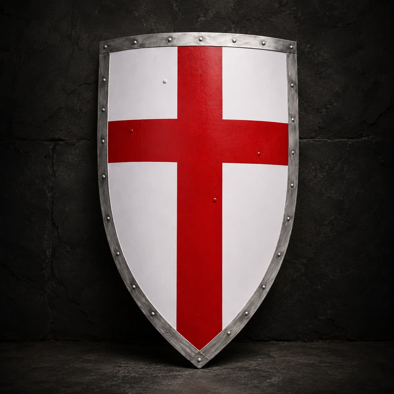 Bouclier Croisé Décoratif de Saint-Georges en acier et laiton avec croix rouge sur fond sombre