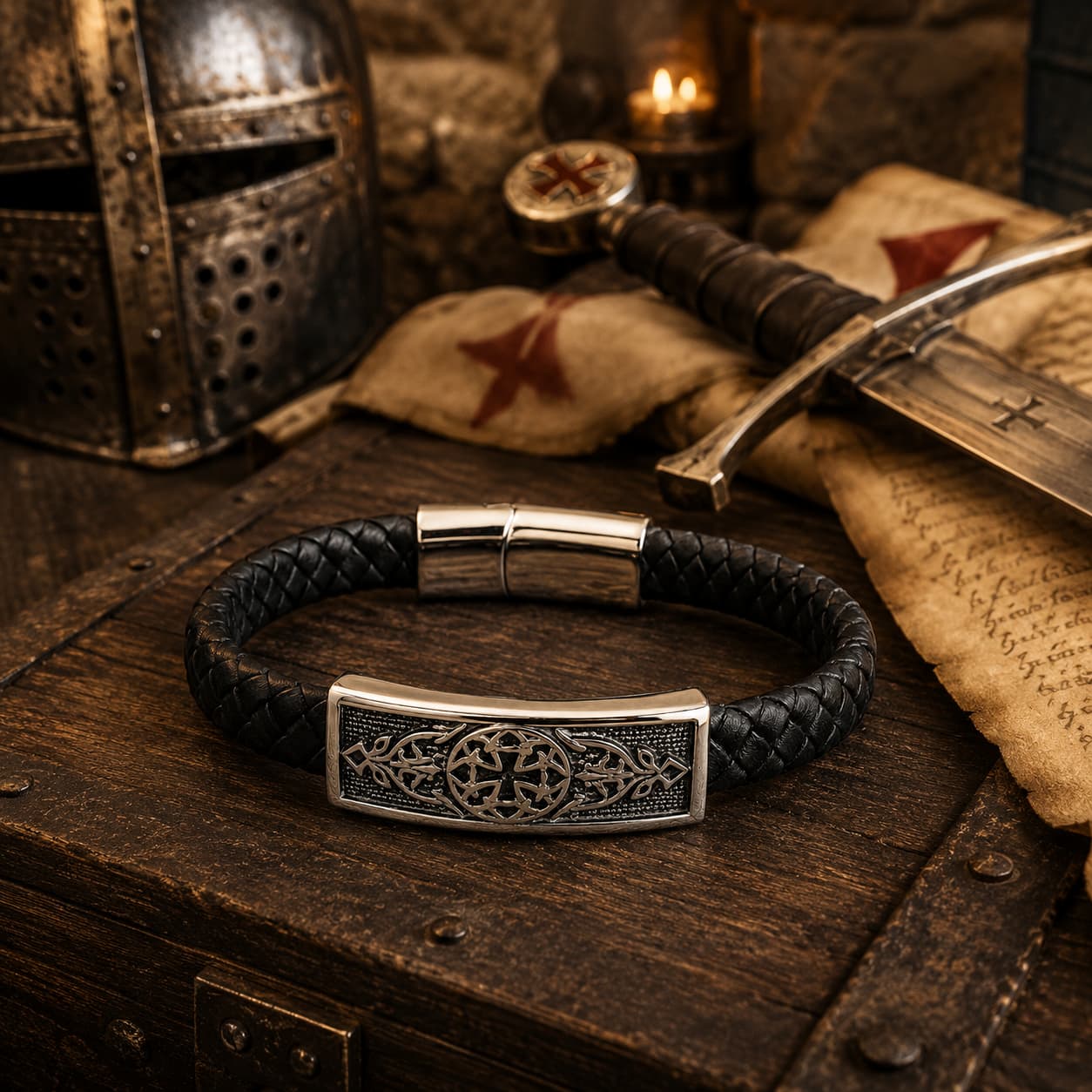 Bracelet de l’Apogée du Temple en cuir tressé et acier inoxydable premium dans un décor médiéval avec bois ancien, parchemin, casque et épée