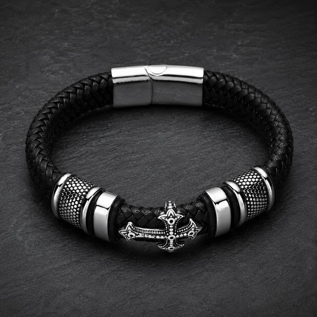 Bracelet de la Basilique en cuir tressé noir avec croix métallique et acier inoxydable sur ardoise sombre