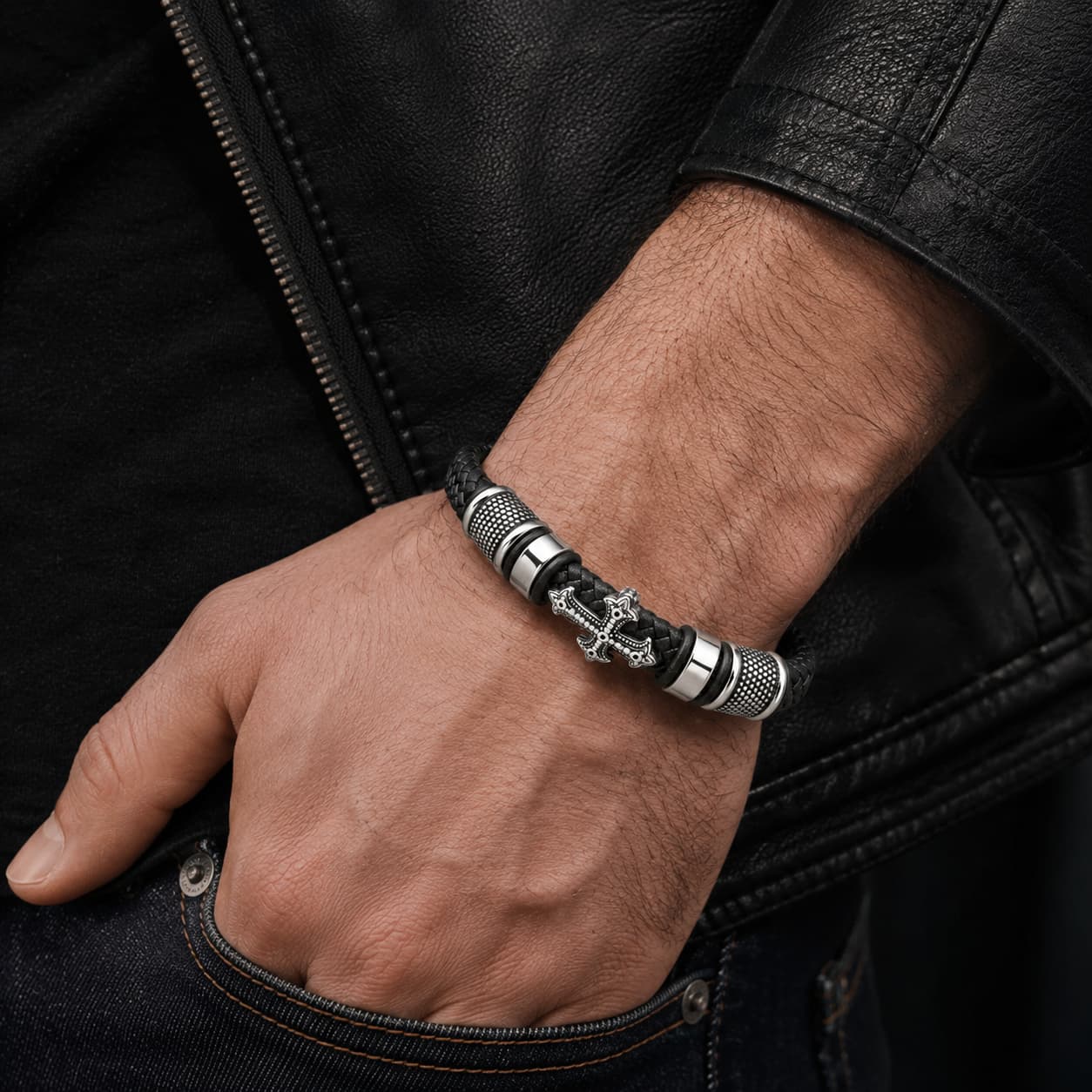 Bracelet de la Basilique porté par un homme avec veste en cuir noir et jean brut