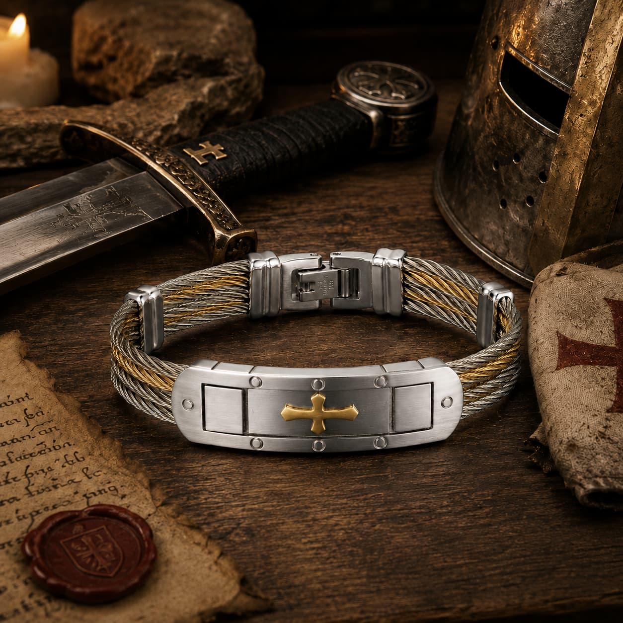Bracelet du Chevalier en acier inoxydable argent et or dans un décor médiéval avec bois ancien, parchemin, casque et épée