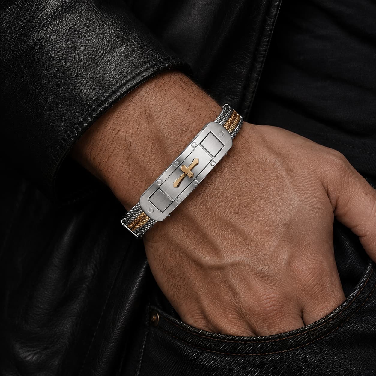 Bracelet du Chevalier porté au poignet par un homme avec acier inoxydable argent et or