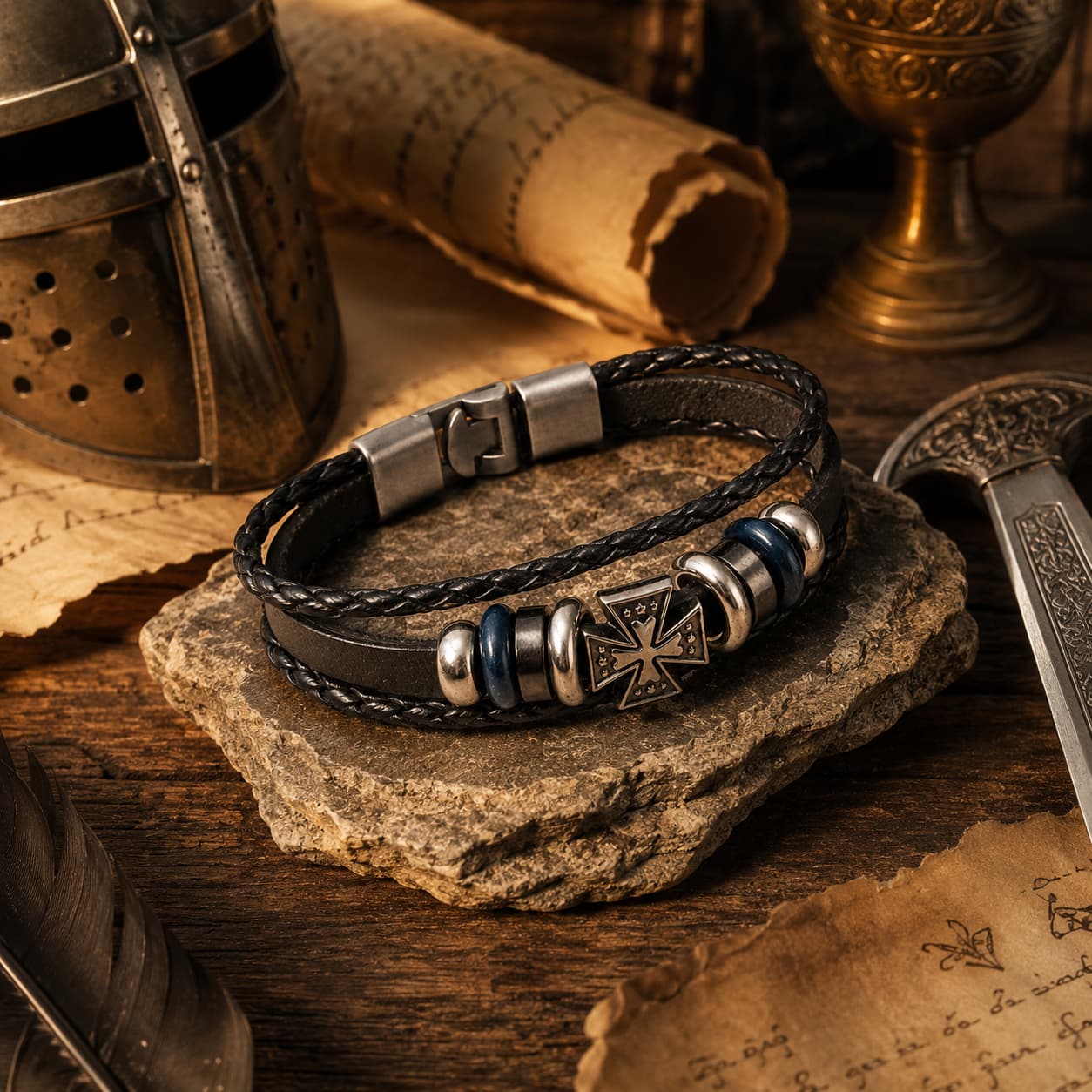 Bracelet de la Commanderie en cuir véritable et alliage de zinc dans un décor médiéval avec bois ancien, casque, épée et parchemin