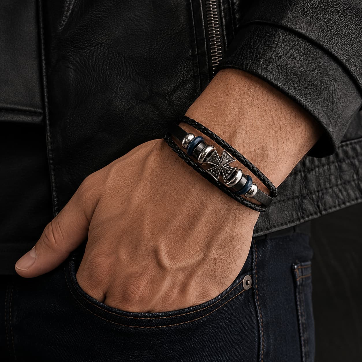 Bracelet de la Commanderie en cuir véritable porté au poignet par un homme avec tenue sombre