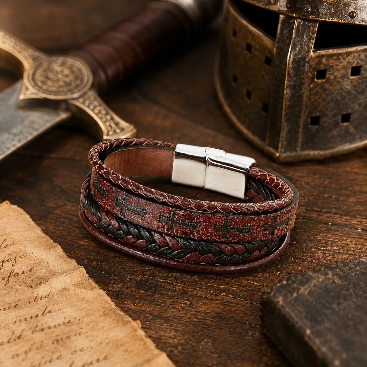 Bracelet du Croisé Templier en cuir tressé et alliage de cuivre dans un décor médiéval avec bois ancien, casque, épée et parchemin