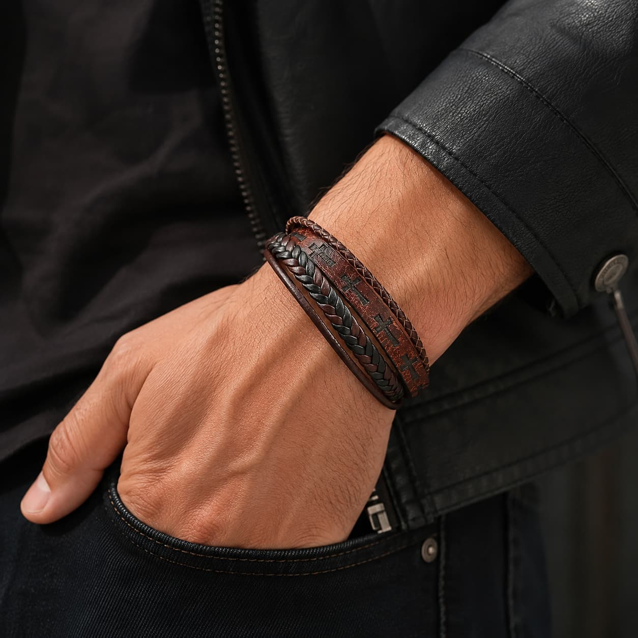 Bracelet du Croisé Templier porté au poignet par un homme avec cuir tressé marron et alliage de cuivre