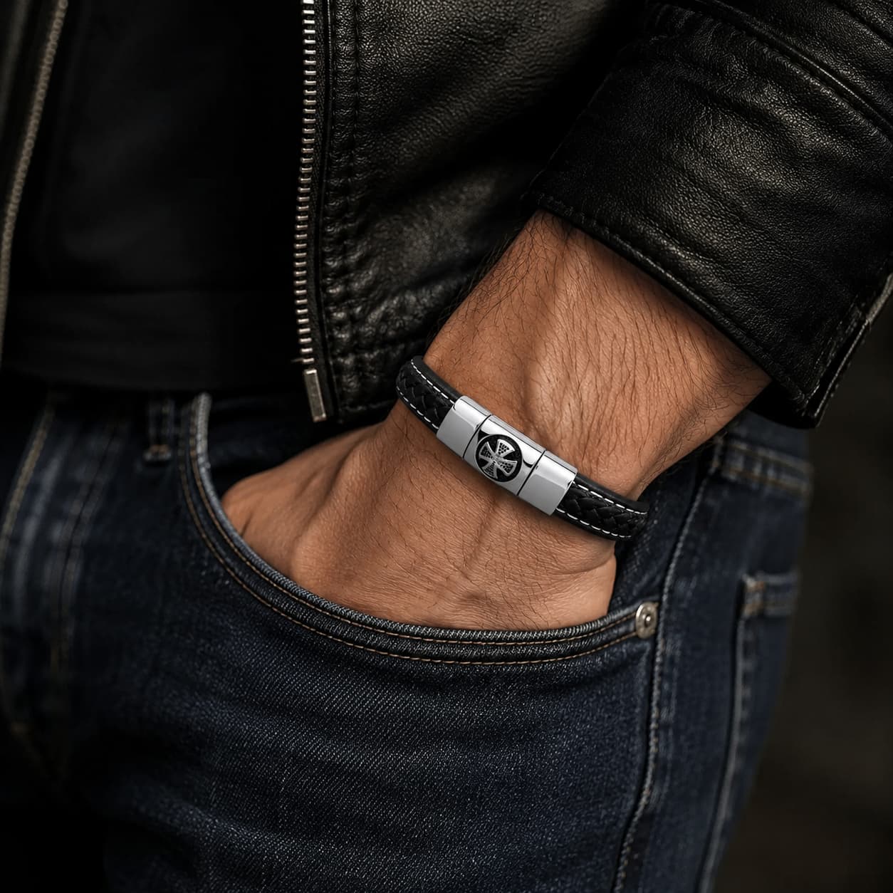 Bracelet Croix de Malte porté par un homme avec veste en cuir noir et jean brut