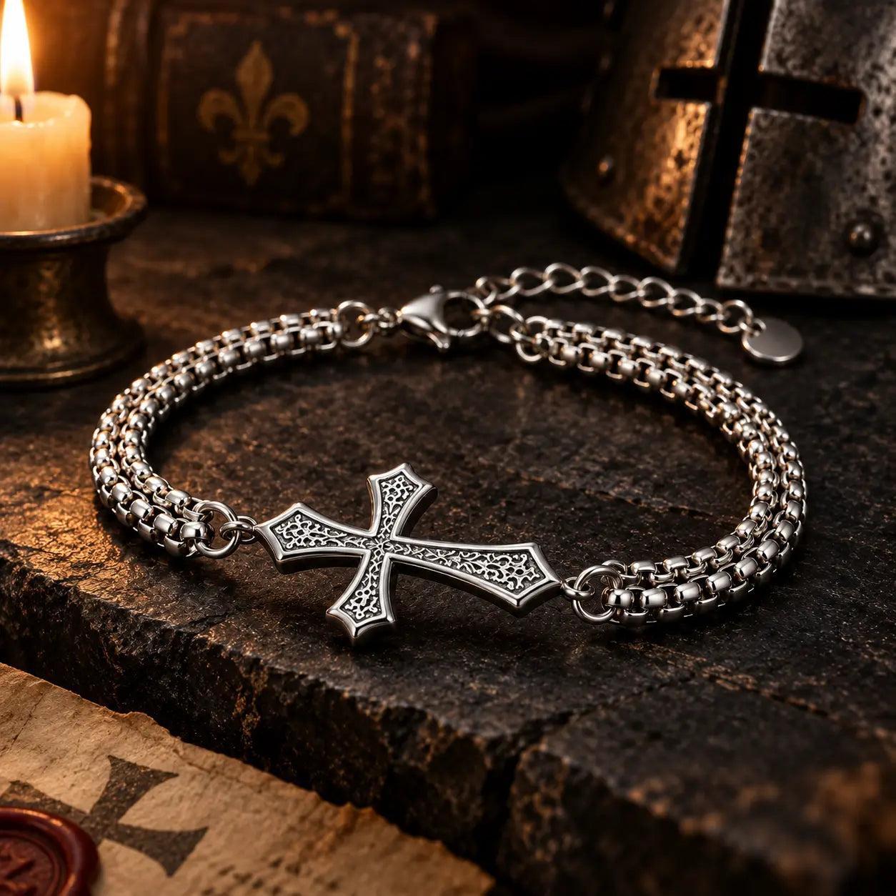 Bracelet de la Croix du Chevalier dans une ambiance médiévale éclairée à la bougie