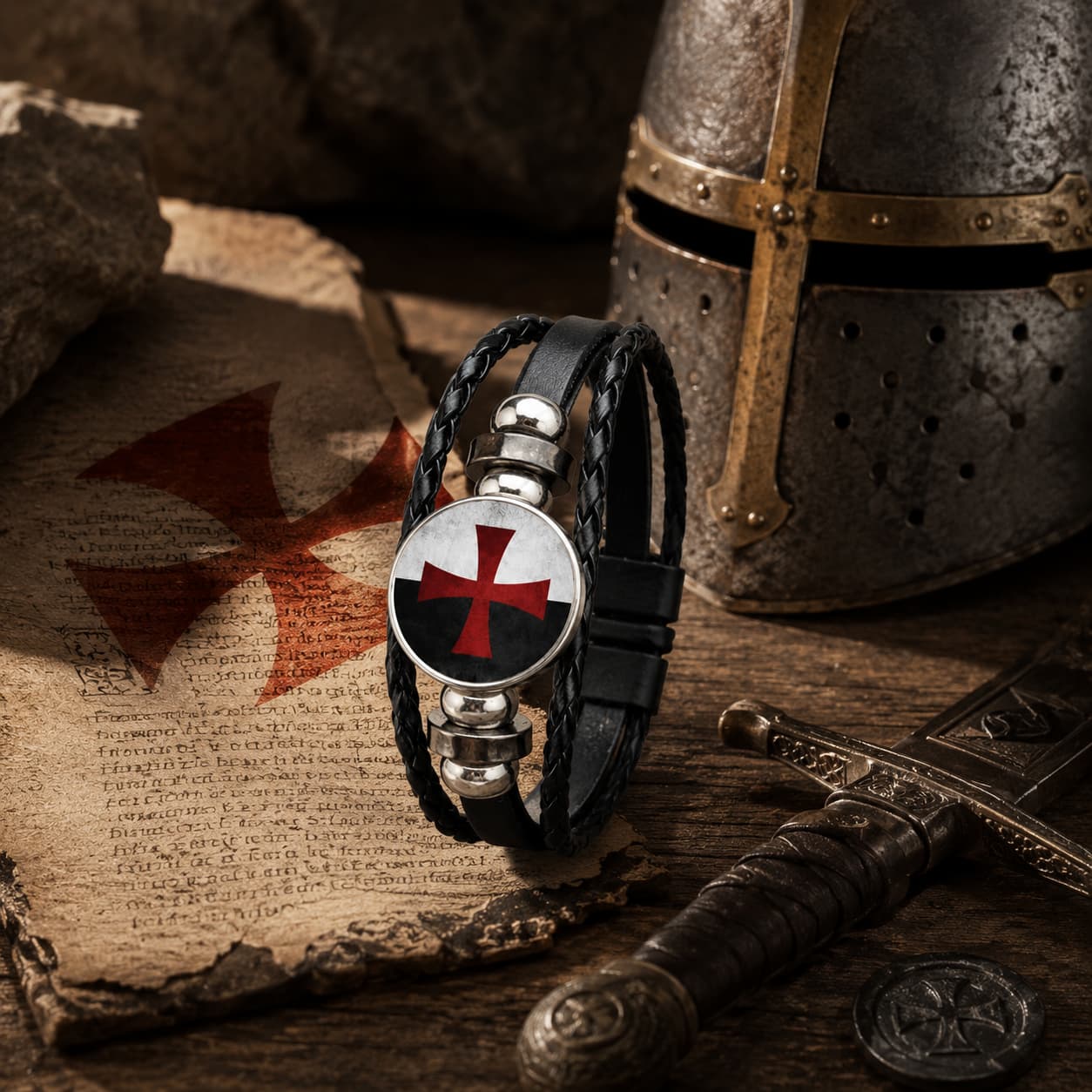 Bracelet Croix du Temple en cuir tressé et alliage métallique premium dans un décor médiéval avec bois ancien, parchemin, casque et épée