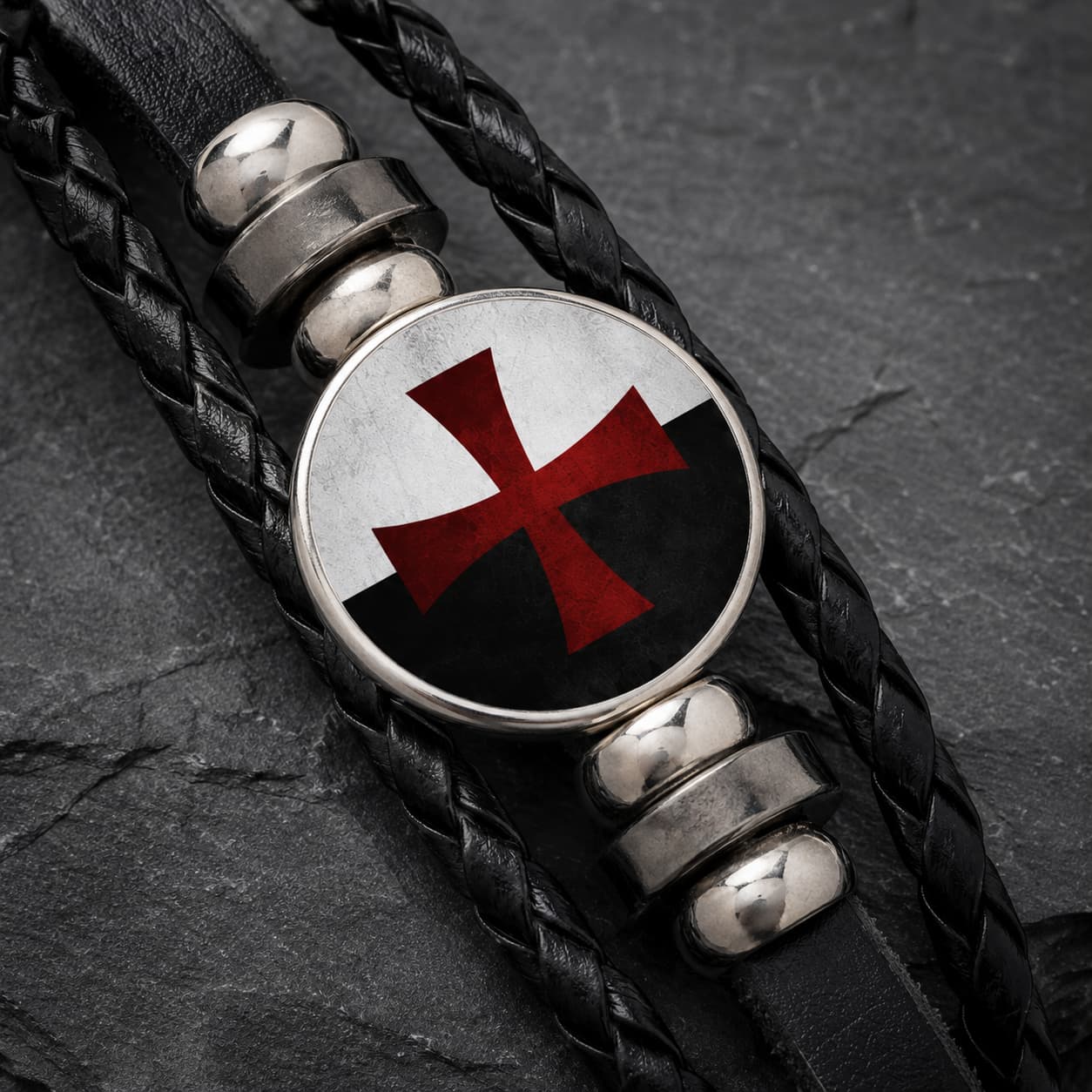 Gros plan de la croix rouge du Bracelet Croix du Temple en cuir tressé noir et alliage métallique premium