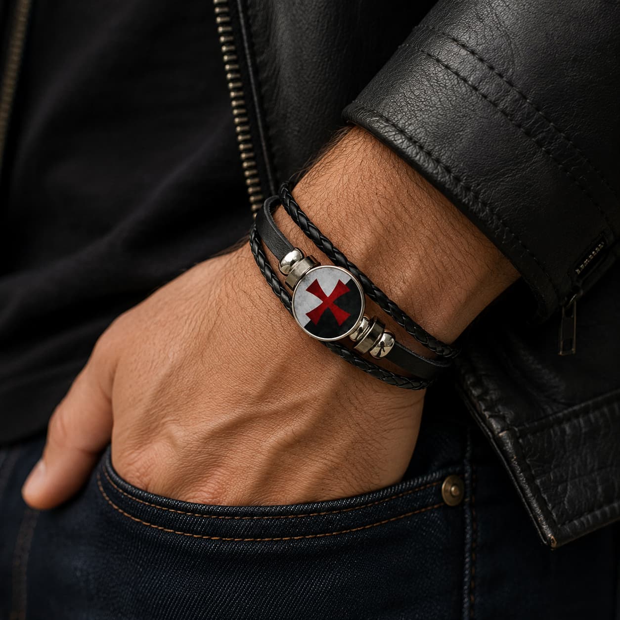 Bracelet Croix du Temple porté au poignet par un homme avec cuir tressé noir et alliage métallique premium