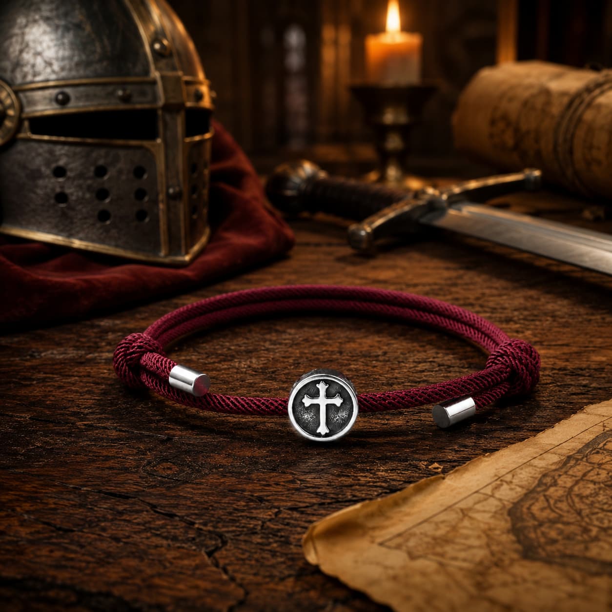 Bracelet Croix Médiévale du Temple en corde tressée dans un décor médiéval avec casque, épée, parchemin et lumière chaude
