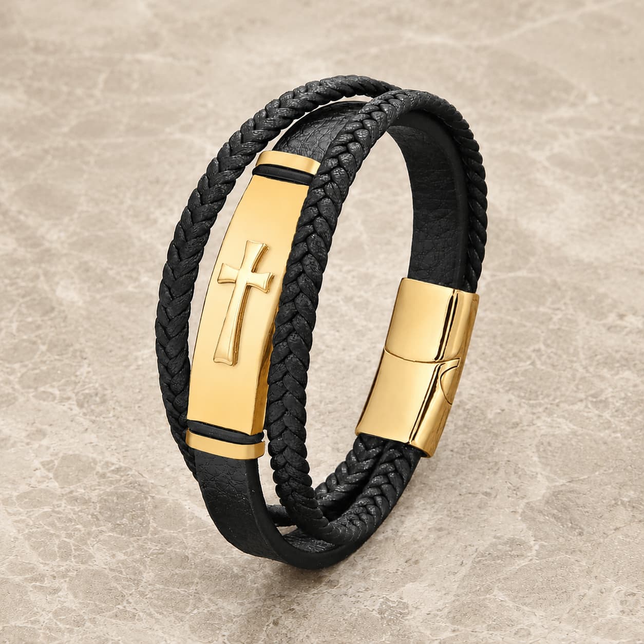 Bracelet de la Croix Sacrée en cuir véritable noir avec acier inoxydable doré sur pierre médiévale claire