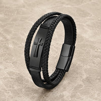 Bracelet de la Croix Sacrée en cuir véritable noir avec plaque noire sur pierre médiévale claire