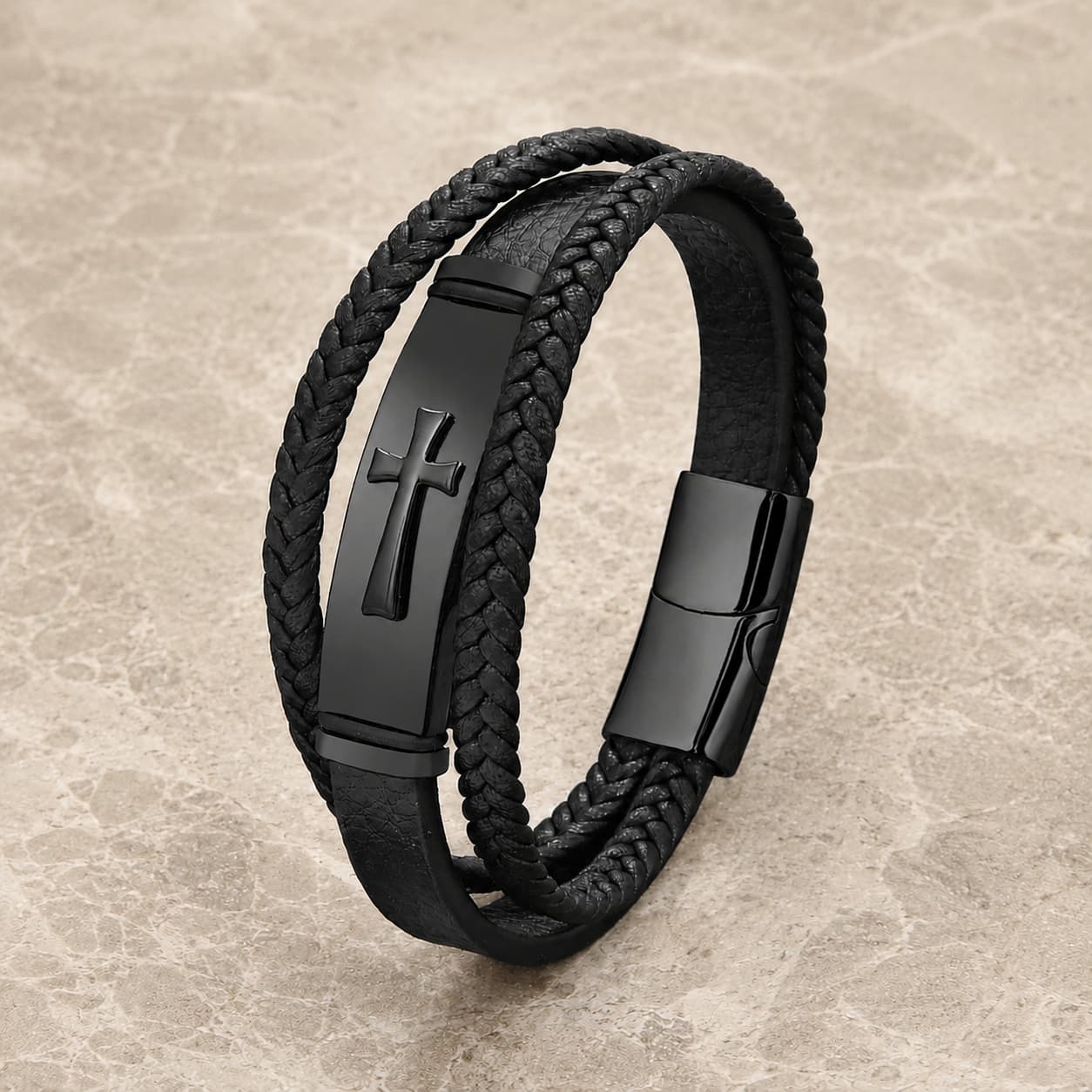 Bracelet de la Croix Sacrée en cuir véritable noir avec plaque noire sur pierre médiévale claire