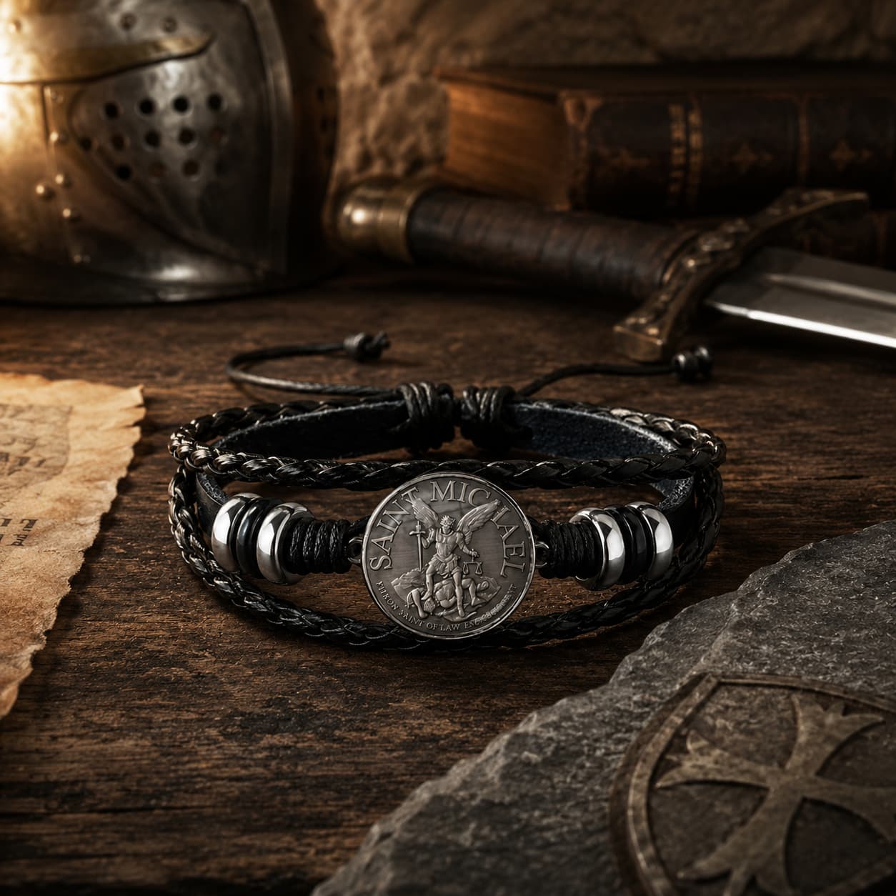 Bracelet de l’Archange Protecteur en cuir tressé premium présenté dans un décor médiéval avec casque, épée et parchemin