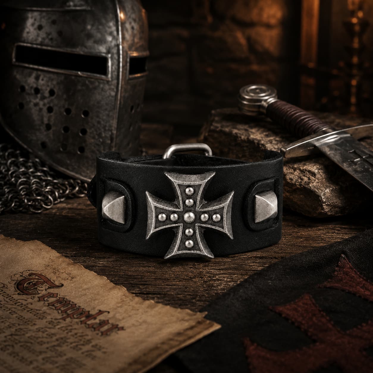 Bracelet de l’Armure du Templier en cuir synthétique renforcé dans un décor médiéval avec casque, épée et parchemin