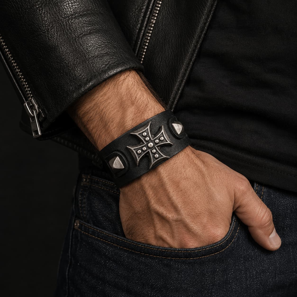 Bracelet de l’Armure du Templier porté par un homme avec veste en cuir noir et jean brut