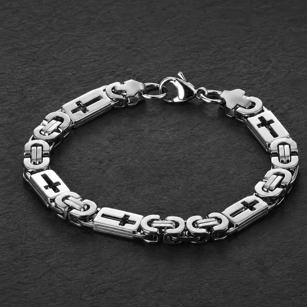 Bracelet de l’Espoir Croisé en acier inoxydable argenté avec croix sur ardoise sombre