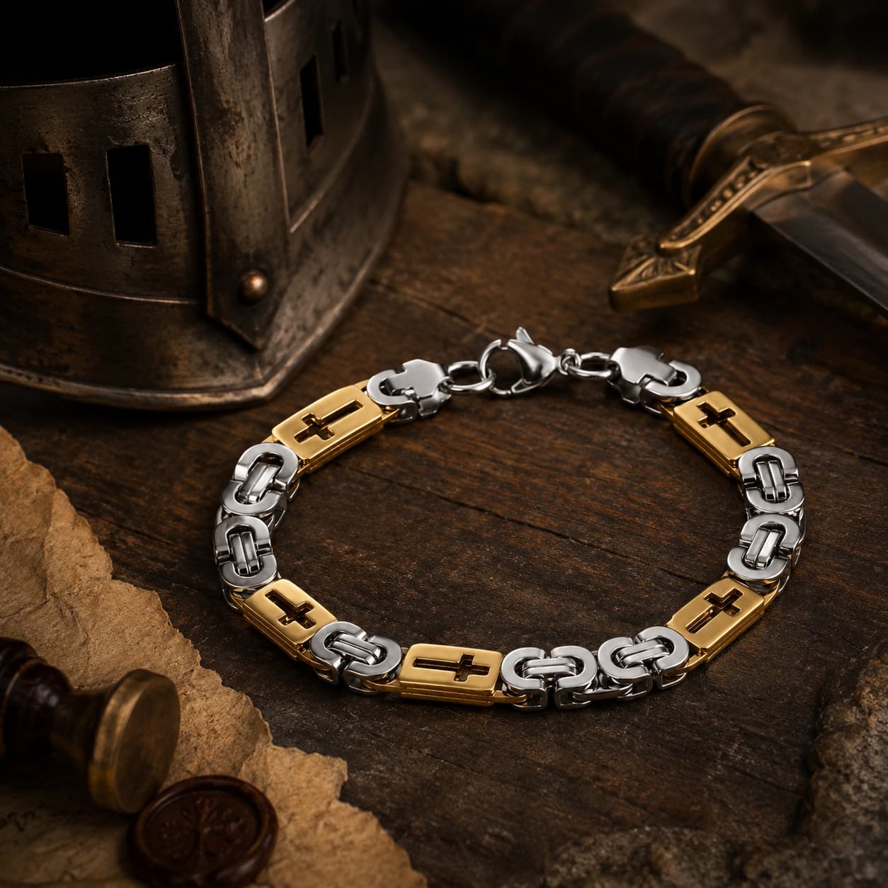 Bracelet de l’Espoir Croisé en acier inoxydable présenté dans un décor médiéval avec casque et épée