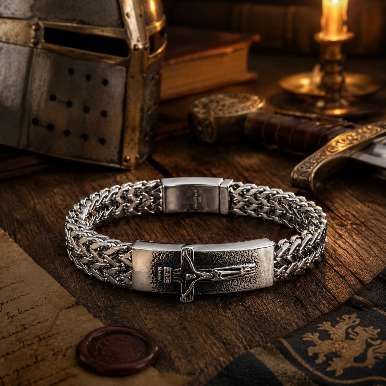 Bracelet de la Foi Divine en acier inoxydable dans un décor médiéval avec casque, épée, parchemin, bois ancien et lumière chaude