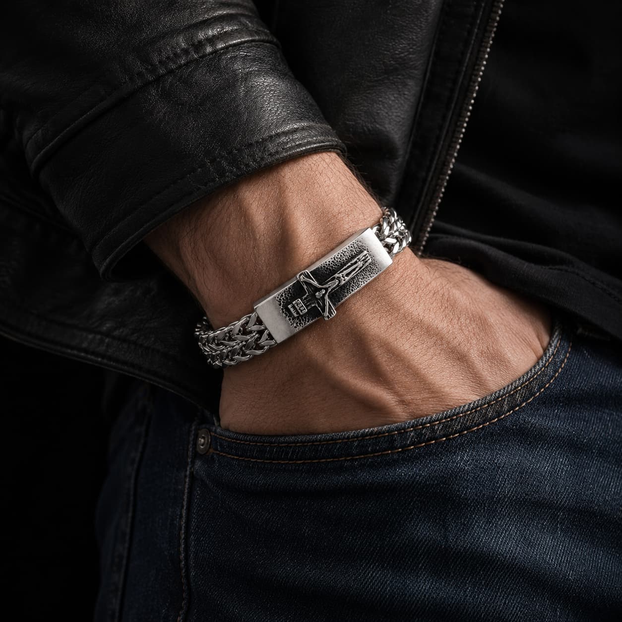 Bracelet de la Foi Divine porté par un homme avec veste en cuir noir et jean brut