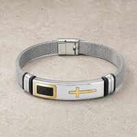 Bracelet de la Foi Templière en acier inoxydable argenté avec croix dorée et maille acier sur pierre médiévale claire