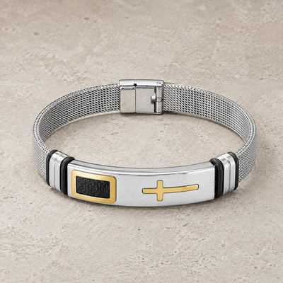 Bracelet de la Foi Templière en acier inoxydable argenté avec croix dorée et maille acier sur pierre médiévale claire