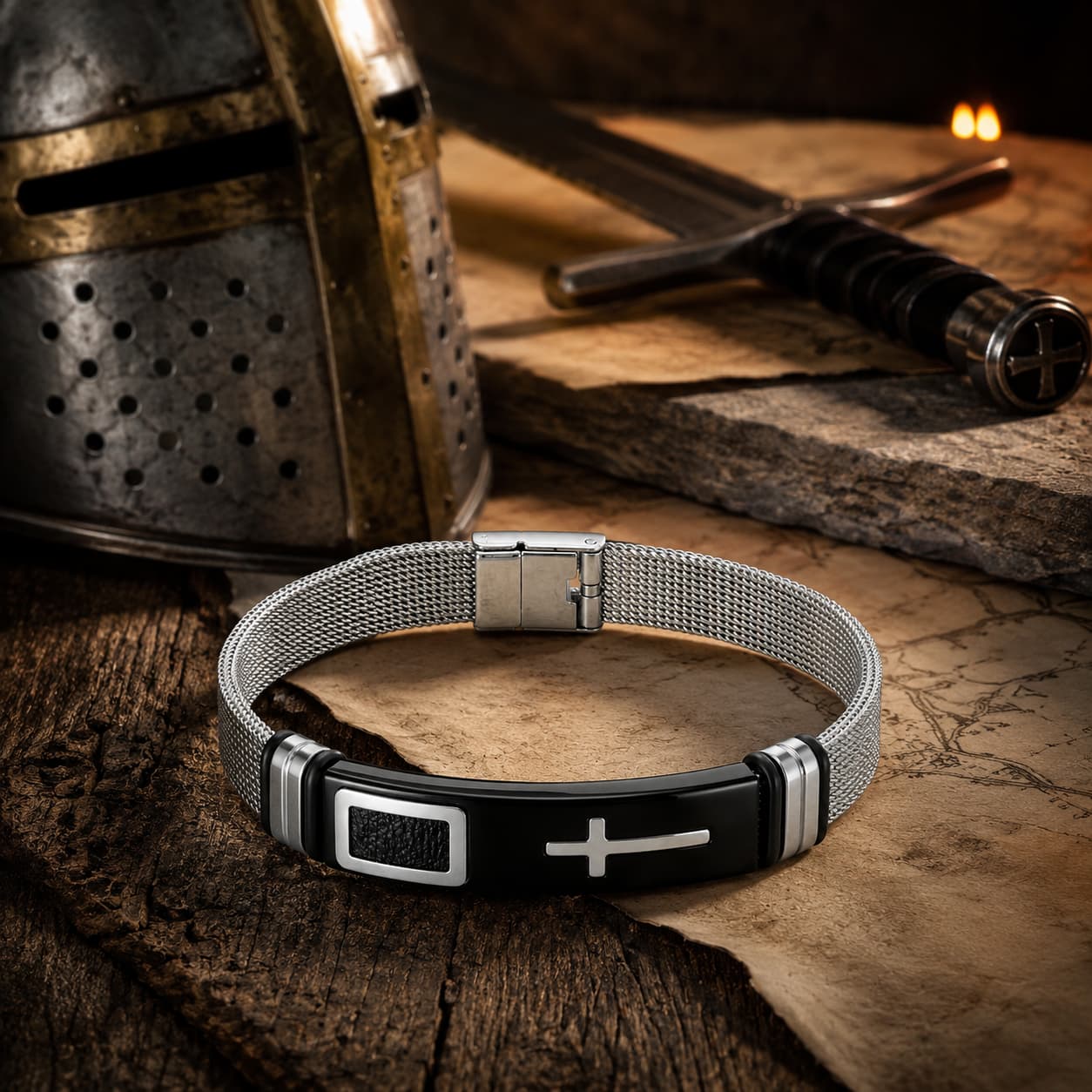 Bracelet de la Foi Templière en acier inoxydable dans un décor médiéval avec casque, épée, parchemin, bois ancien et lumière chaude
