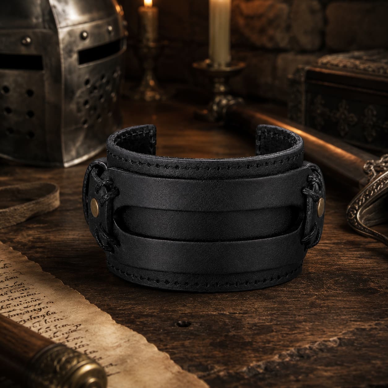 Bracelet de la Vaillance du Croisé en cuir véritable noir dans un décor médiéval avec casque, épée, parchemin et lumière chaude