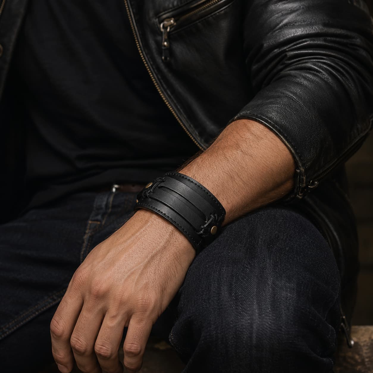 Bracelet de la Vaillance du Croisé porté par un homme avec veste en cuir noir et jean brut