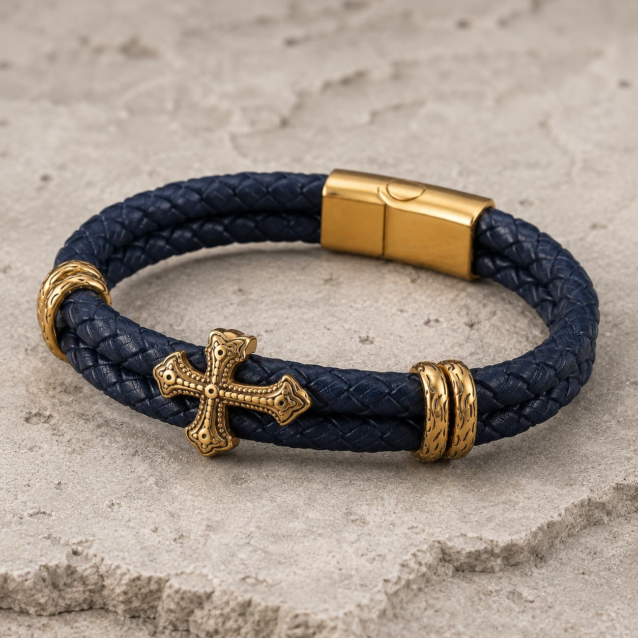 Bracelet du Commandeur Sacré en cuir premium bleu marine tressé et acier inoxydable doré, vue angle 3/4.