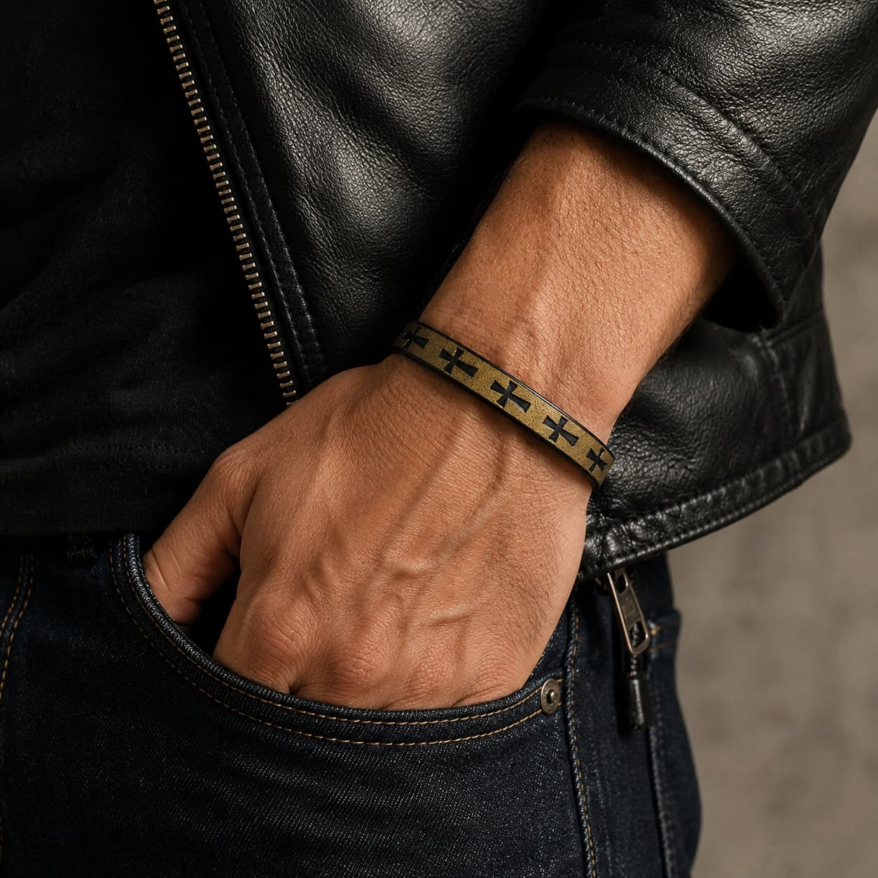 Bracelet du Croisé d’Acier porté par un homme avec veste en cuir noir et jean brut