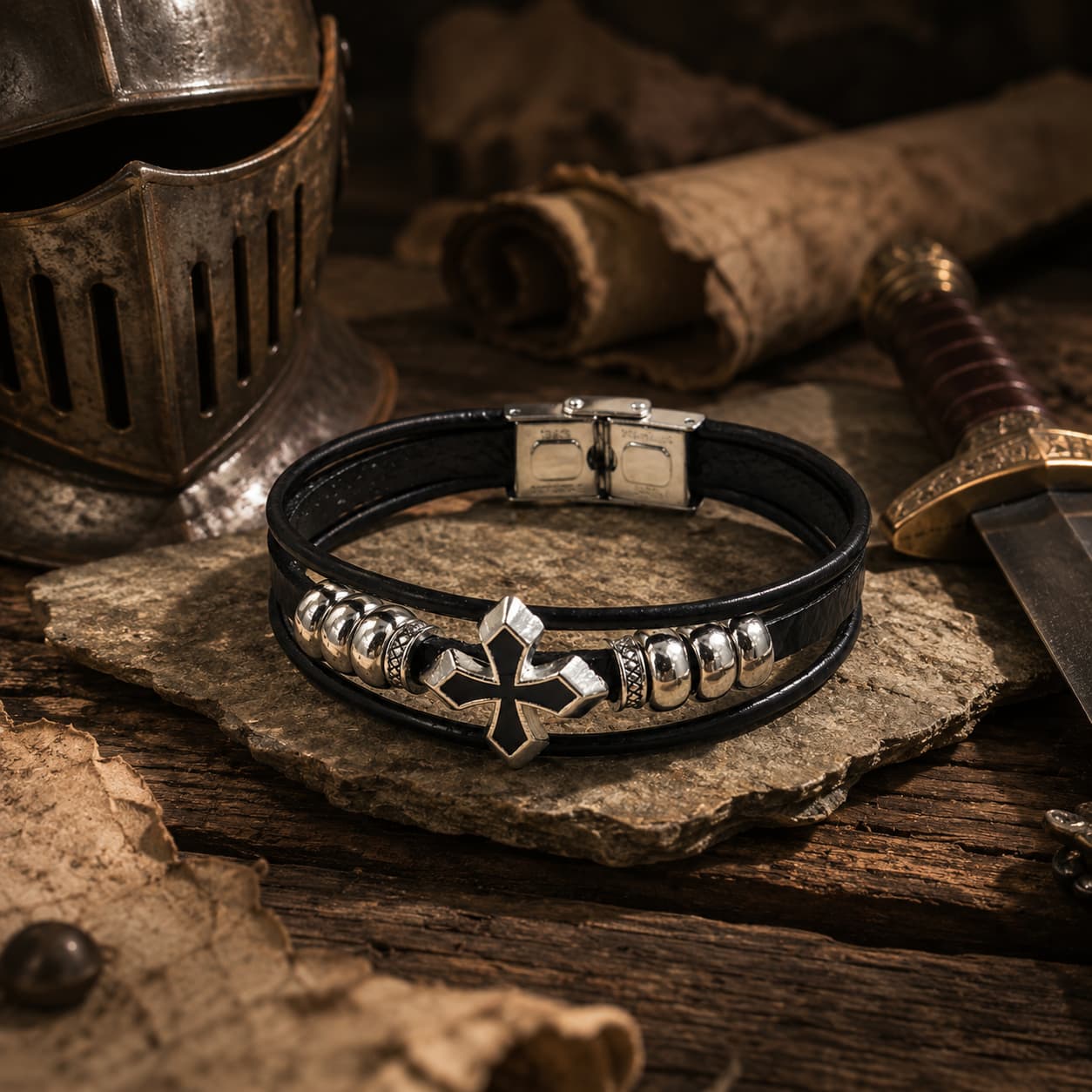 Bracelet du Fief Templier en cuir premium et acier inoxydable présenté dans un décor médiéval avec casque, épée et parchemin