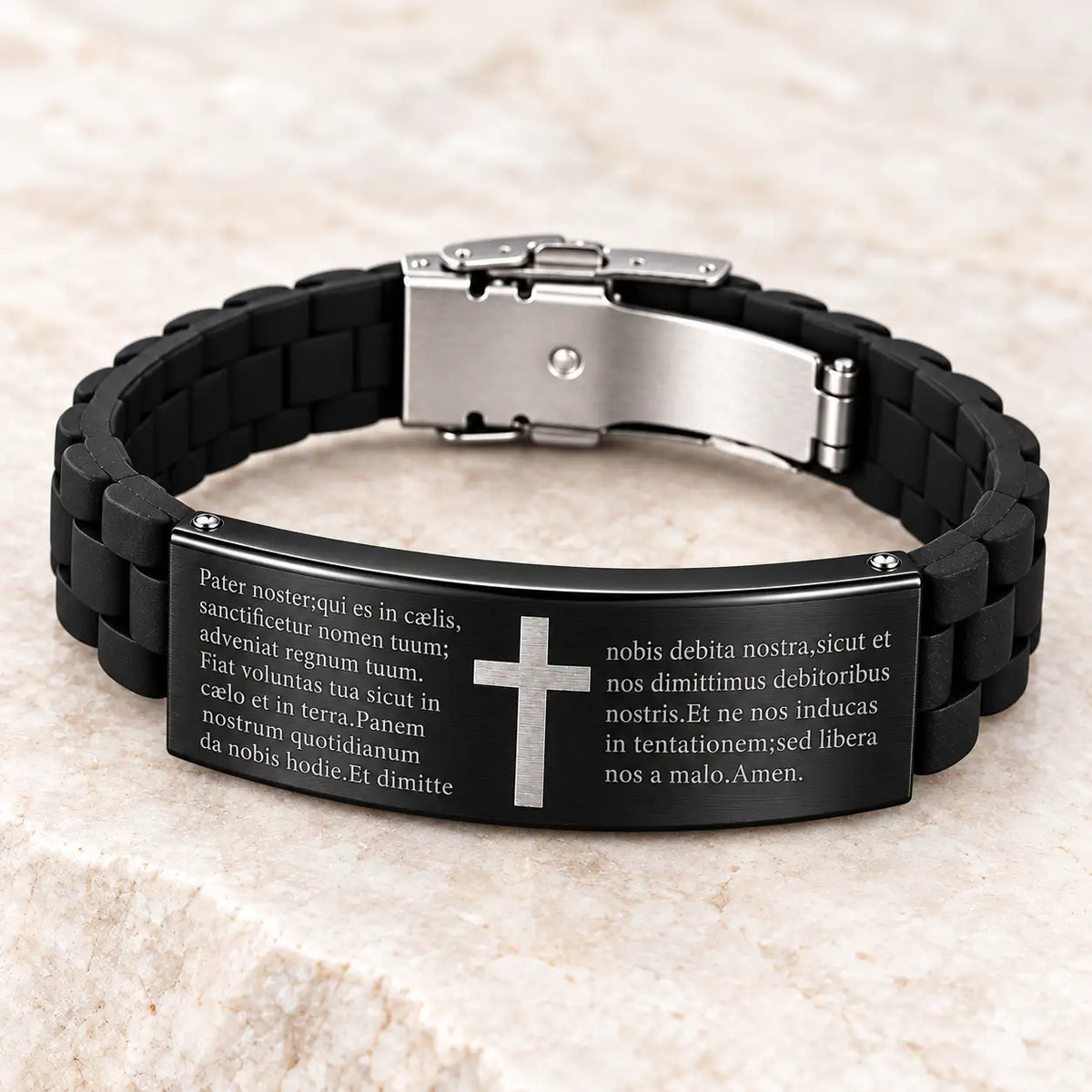 Bracelet du Pater Noster Templier noir en silicone et acier sur fond clair