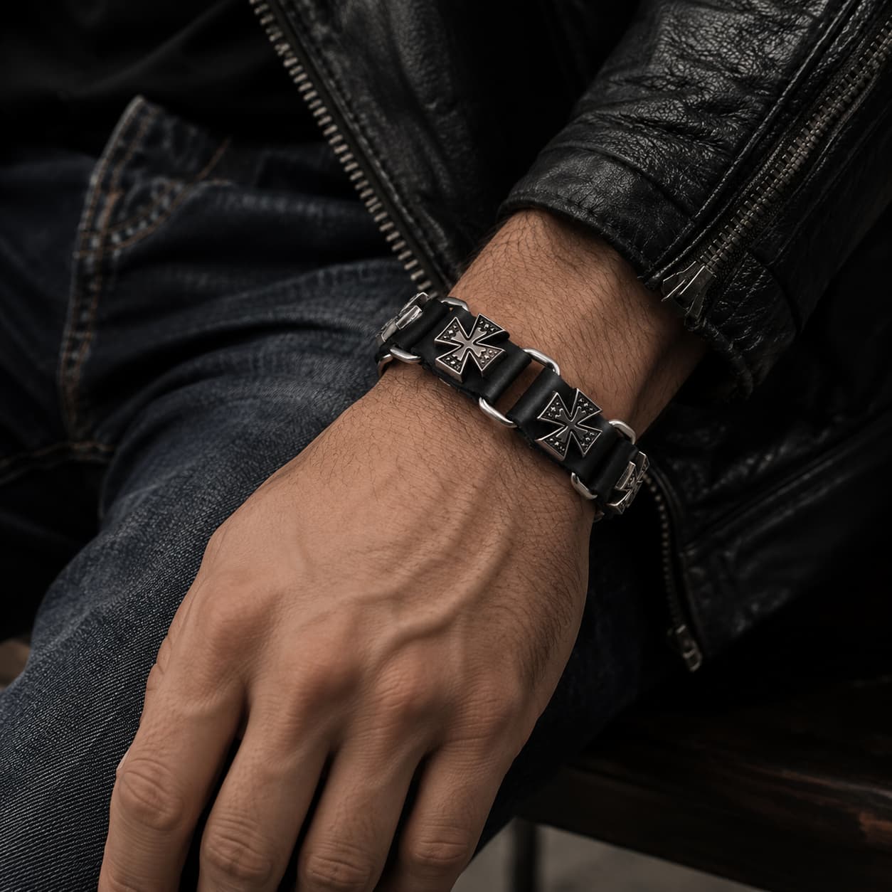 Bracelet du Veilleur Templier porté par un homme avec veste sombre, cuir noir et jean brut