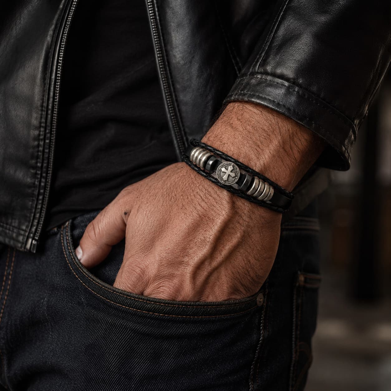 Bracelet du Vœu du Croisé porté par un homme avec veste en cuir noir et jean brut