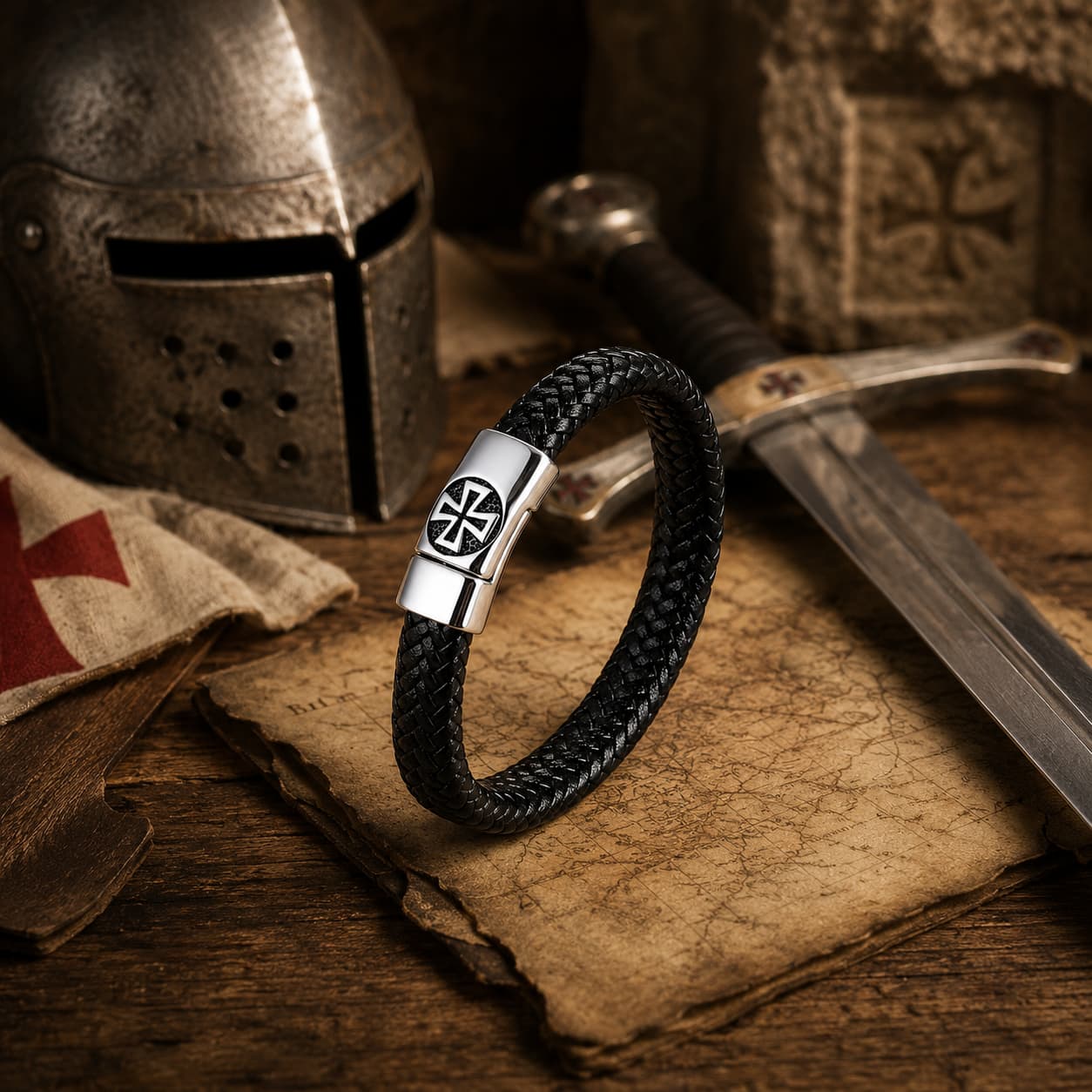 Bracelet de l’Élévation en cuir tressé et acier inoxydable dans un décor médiéval avec bois ancien, parchemin, casque et épée