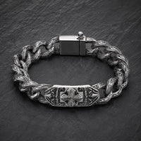 Bracelet Fleur du Temple en acier inoxydable avec plaque croix gravée sur ardoise sombre