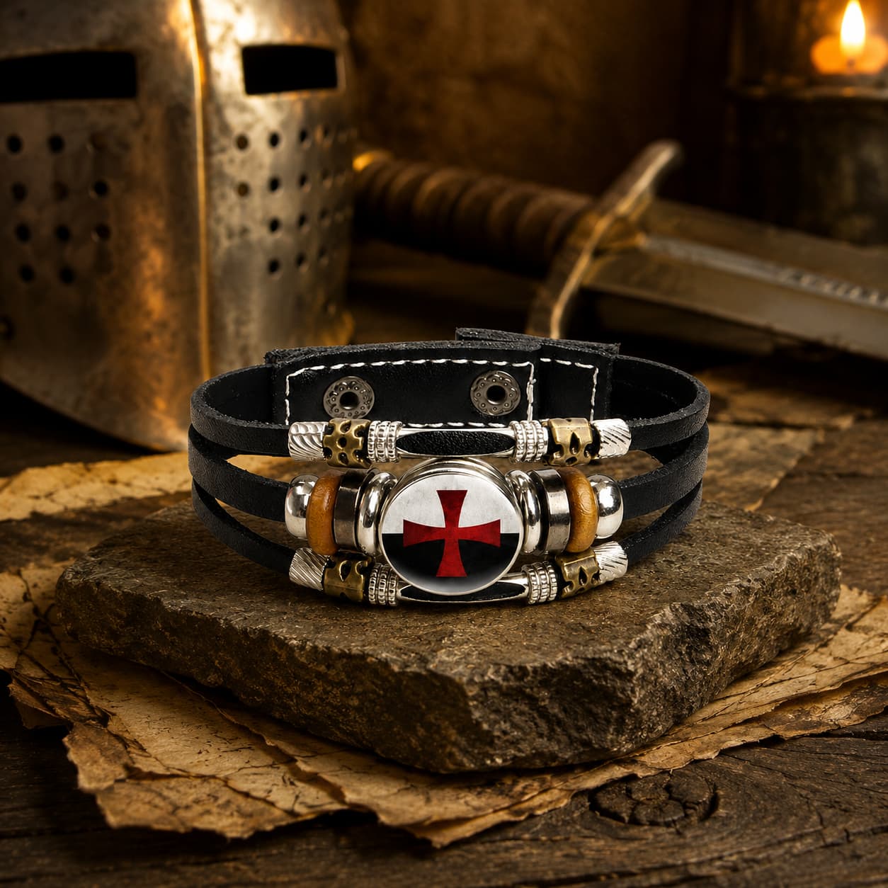 Bracelet Force du Temple en cuir tressé dans un décor médiéval avec casque, épée, parchemin et lumière chaude