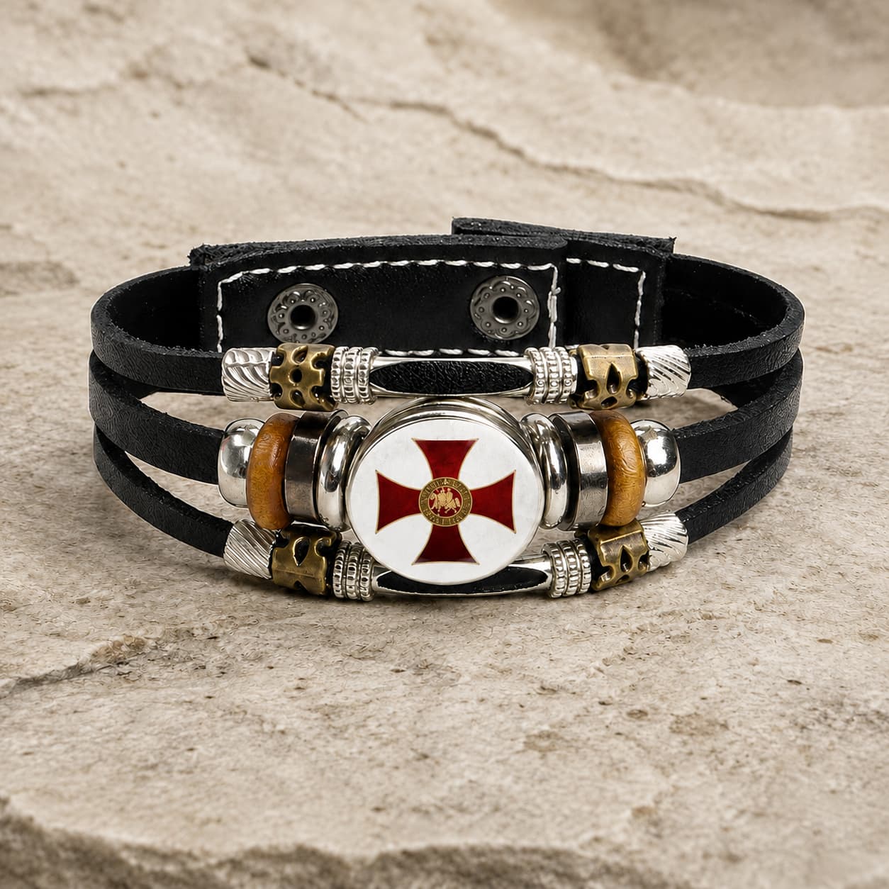 Bracelet Force du Temple en cuir tressé noir avec médaillon croix rouge et alliage métallique sur pierre médiévale claire