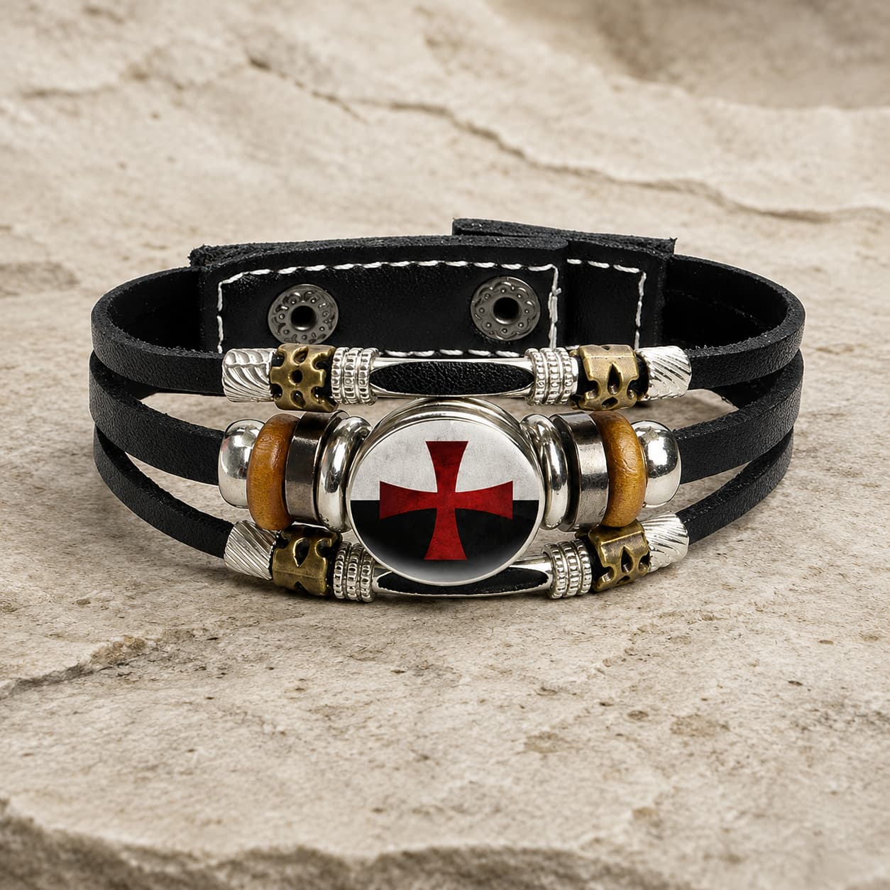 Bracelet Force du Temple en cuir tressé noir avec médaillon croix rouge et alliage métallique sur pierre médiévale
