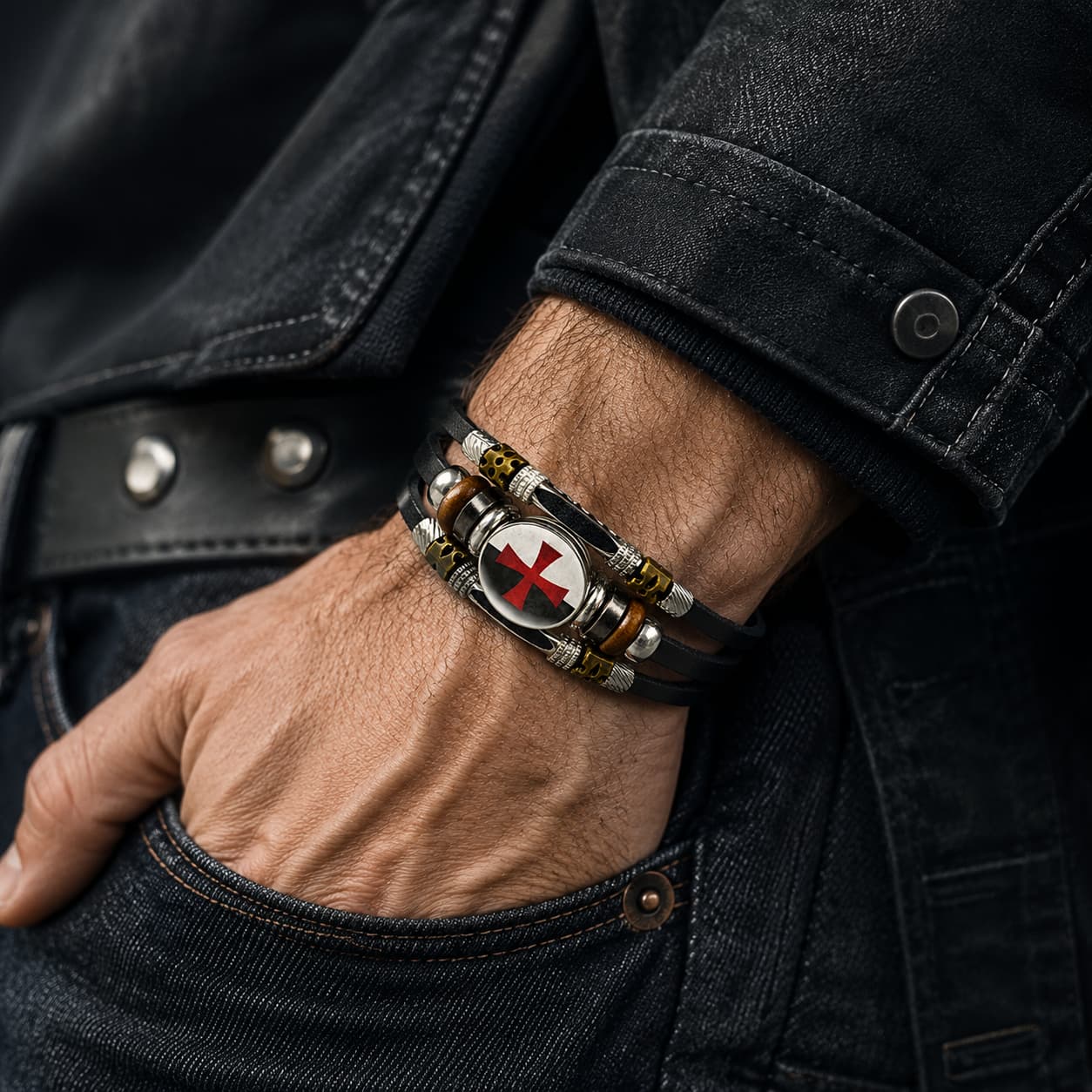 Bracelet Force du Temple porté au poignet par un homme avec veste sombre et jean brut