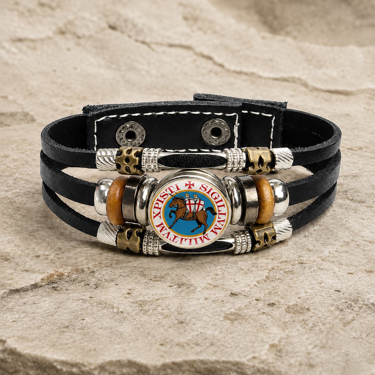 Bracelet Force du Temple en cuir tressé noir avec médaillon templier et alliage métallique sur pierre médiévale claire