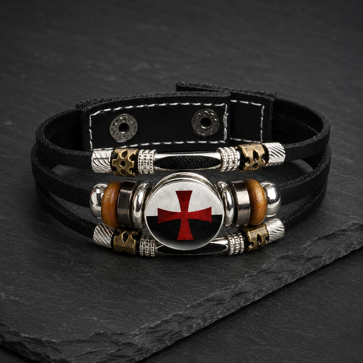 Vue angle 3/4 du Bracelet Force du Temple en cuir tressé noir et alliage métallique sur fond anthracite