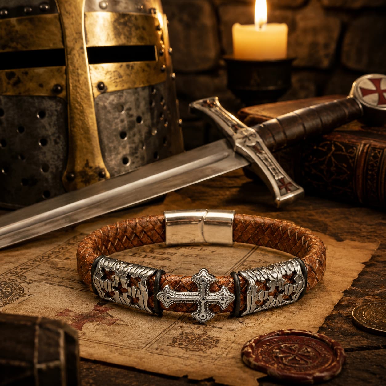 Bracelet de l’Indulgence en cuir tressé et acier inoxydable dans un décor médiéval avec bois ancien, parchemin, casque et épée