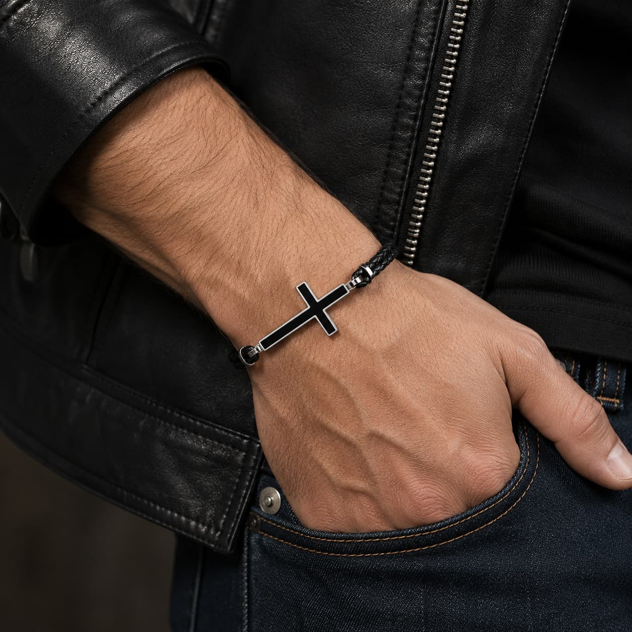 Bracelet de la Loyauté Sacrée porté par un homme avec veste en cuir noir et jean brut